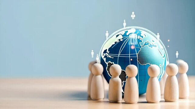 Conceptual global unity image showcasing wooden figures surrounding a world globe and floating people icons against a light blue background.