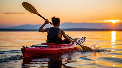 Woman kayaking on a lake at sunset, enjoying the peaceful scenery