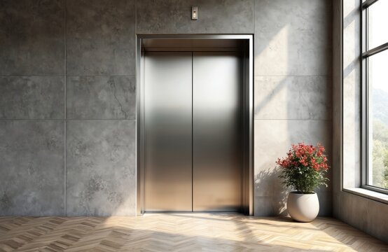 Modern elevator doors. Metal closed door, concrete wall. Interior design, wooden floor, sunlight. Red flowers in pot, building entrance, transportation.