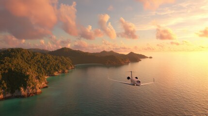 Private Jet Flying Over Tropical Island at Sunset Sky Horizon