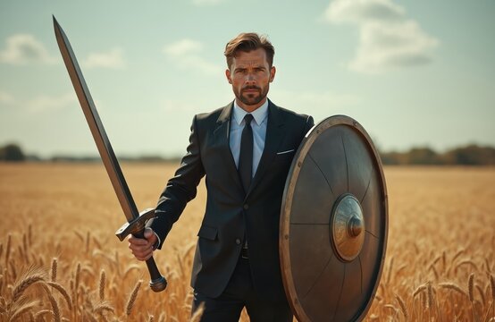 Businessman in suit stands wheat field, holds sword, shield. Symbol of defense, protection, leadership, strength, courage. Business, career, challenge concept. Fight, challenge, confrontation. Man