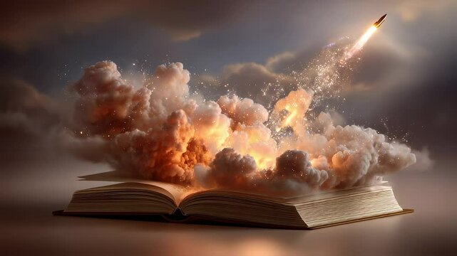 World book day 3D animation. Open book with its pages transforming into clouds and fire as a rocket emerges at high speed