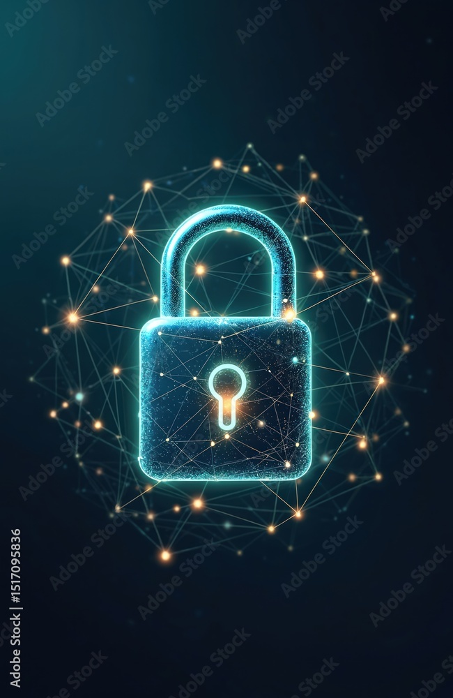 Poster cyber security concept with lock symbol constructed from lines, triangles on blue background. digita