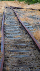 Woodhorn Colliery, disused coal mine, featuring overgrown and abandoned railway tracks of a small...