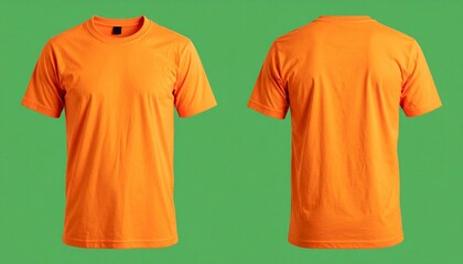 Blank T Shirt color orange template front and back view on green background. 