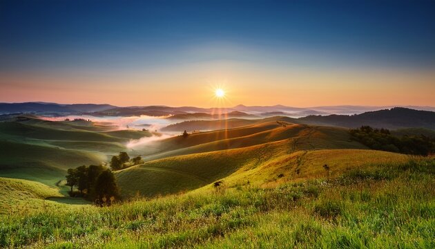 serene sunrise over rolling hills with morning dew