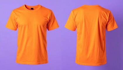 Blank T Shirt color orange template front and back view on purple background 