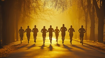 Fototapeta premium Sunrise Silhouette of Runners on a Tree-Lined Pathway