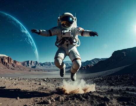 An astronaut in a spacesuit jumps on Mars, with the planet visible in the distance. - Powered by Adobe