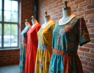 Naklejka premium Fashion show displays unique clothing collection made from recycled materials. Sustainable fashion trends, eco-friendly designs, unique dresses on mannequins. Brick wall background near window with