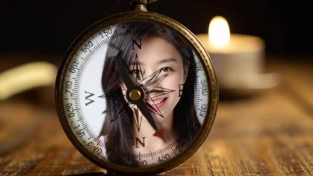 Woman face in antique compass