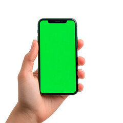 A hand holds a sleek smartphone with a bright green screen against a stark black background, offering a versatile mockup display.