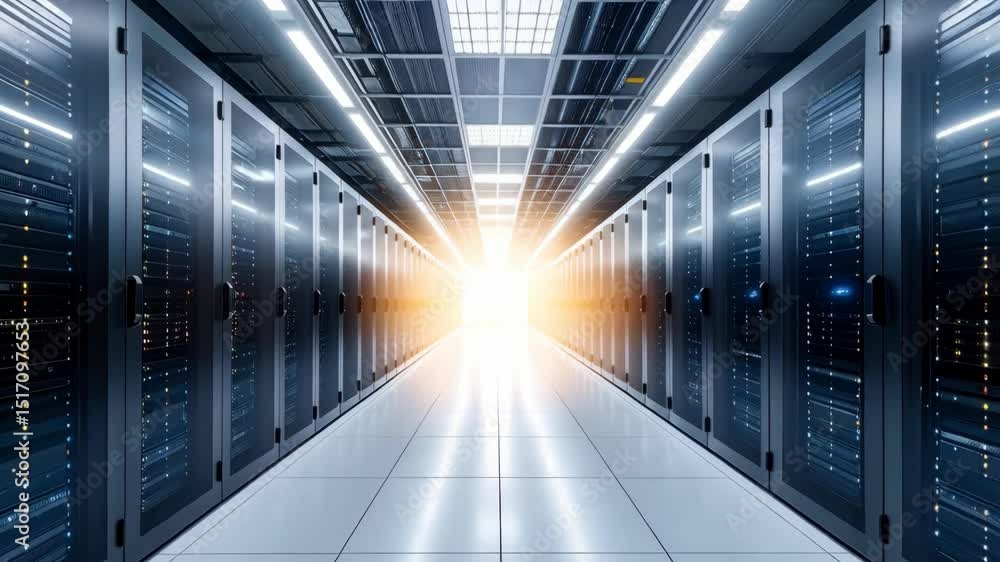 Aufkleber a server room interior with rows of computer racks, glowing lights, data storage, processing, and co