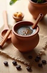 Fototapeta premium Cafe de Olla, traditional Mexican coffee in clay cup. Dark, aromatic beverage with cinnamon stick, piloncillo. Rustic wooden surface, coffee beans. Homemade, delicious hot drink, pottery jarrito.