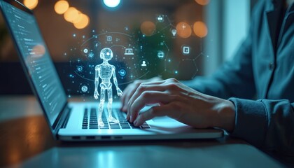Person uses AI-powered tools automating social media replies engagement on laptop. Robot hologram visualizes technology, workflow solutions. Real-time response, chatbot interaction. Digital