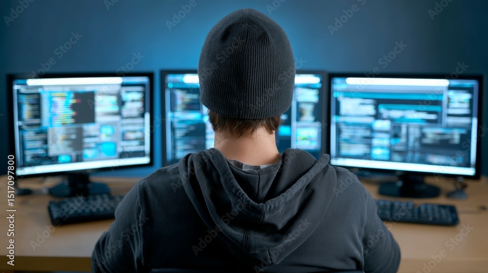 Poster young caucasian male programmer working on multiple computer screens in a dark room