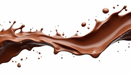 Fototapeta premium Chocolate milk splash illustration. Flowing chocolate liquid wave with drops. Isolated design element on white background. Sweet dessert drink ad. Delicious food, cocoa, syrup.