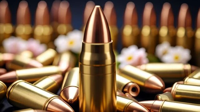 Pile of golden bullets with copper tips arrangement and flowers, conceptual shot of power and elegance.