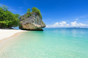 Beautiful beach with a large rock in the middle of it