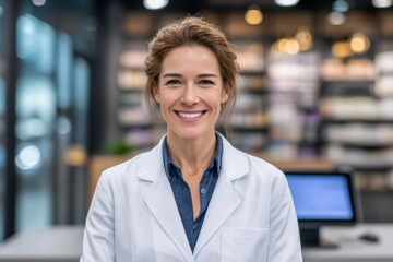 Confident female caucasian adult pharmacist smiling in pharmacy setting