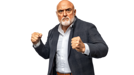 Furious senior man in suit, fists clenched, ready for action, cut out transparent