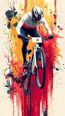 Dynamic male cyclist in action, wearing a helmet and racing gear, leaping off a vibrant splattered background that captures the essence of speed and thrill.