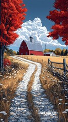 A picturesque autumn scene featuring a red barn surrounded by vibrant fall foliage, with a winding gravel path leading through golden fields under a blue sky adorned with fluffy white clouds.