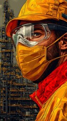 A male worker wearing protective gear with a yellow helmet and mask stands confidently in front of an industrial facility. His focused gaze reflects determination and safety.