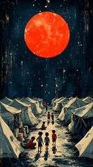 A dramatic night scene featuring children playing in a tent city under a large red moon, creating a striking contrast with the dark blue night sky.