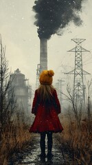 A young girl with long hair, wearing a bright red coat and a yellow hat, stands in a desolate landscape, facing a factory spewing dark smoke amidst a gloomy atmosphere.