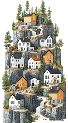 A picturesque vertical landscape featuring charming houses atop rocky cliffs, surrounded by lush pine trees and cascading waterfalls, creating a serene and enchanting atmosphere.