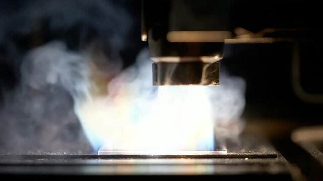 Industrial laser precisely engraving metal surface, generating mesmerizing smoke and iridescent light patterns while demonstrating advanced manufacturing technology