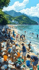 A diverse group of individuals, including men and women of various ethnicities, actively clean a polluted beach, gathering trash amid a stunning natural backdrop.