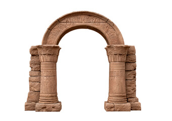 Historic stone archway with intricate carvings and detailed columns from an ancient civilization on transparent background, PNG