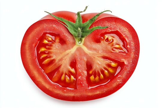 Close-up of juicy red tomato sliced in half revealing seeds and veins