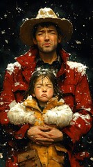 A solemn man, with a rugged appearance and a cowboy hat, holds a pouting young girl in a snowy landscape, capturing a moment of deep emotion and connection.
