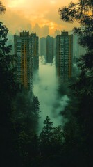 A striking view of towering buildings emerging from thick fog, surrounded by lush trees at dusk. The warm hues of sunset contrast with the cool misty atmosphere.