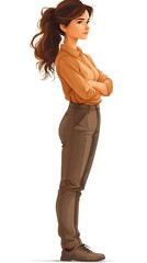 A confident young woman with long, wavy brown hair stands with her arms crossed, wearing a stylish tan blouse and brown trousers, exuding professionalism and poise.