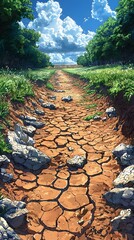A serene landscape depicts a parched, cracked earth path surrounded by lush greenery and vibrant clouds overhead, blending beauty and signs of drought.