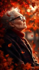 An elderly white woman gazes thoughtfully into the distance, surrounded by vibrant autumn leaves, evoking a sense of nostalgia and tranquility in warm tones.