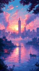 A stunning digital landscape depicting a vibrant sunset over a sprawling city skyline. The reflection of colorful clouds illuminates the river below, creating a serene atmosphere.