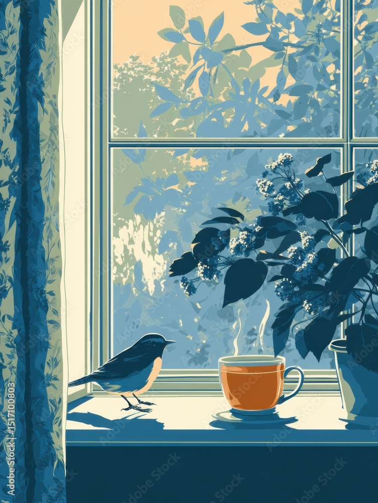 Aufkleber Morning Serenity With Tea and Birdsong at an Open Window in a Tranquil Setting
