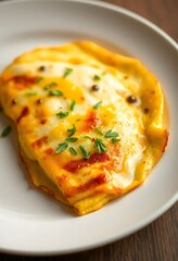 white plate topped with an omelet covered in cheese