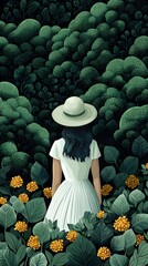 A young woman of Hispanic descent stands in a lush green landscape, adorned in a white dress and straw hat, surrounded by vibrant yellow flowers and rich greenery.