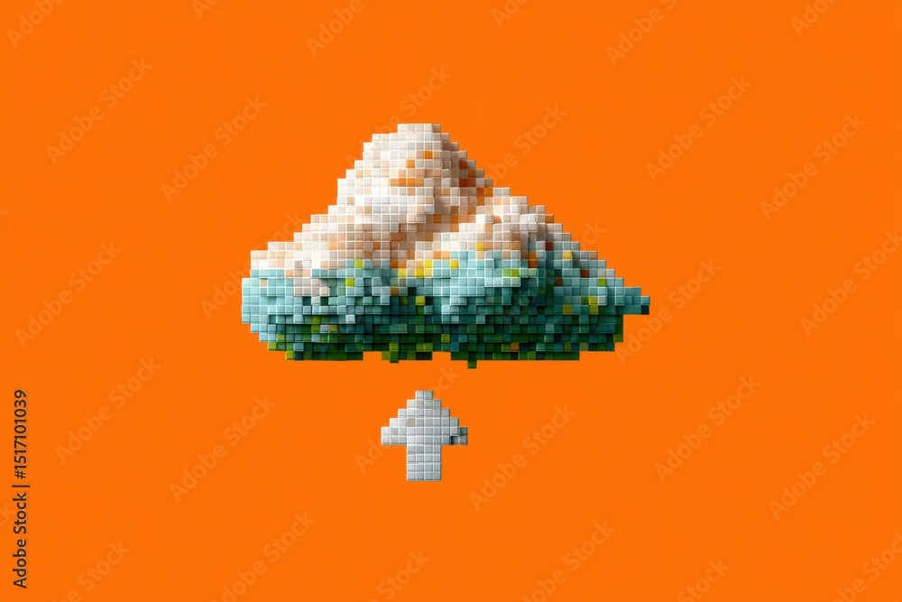 Aufkleber Pixelated Cloud With Broken Upload Icon Illustrating Digital Data Issues in an Orange Background