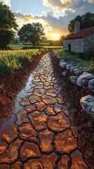 A scenic view of a sunlit pathway lined with cracked earth and reflecting water, leading to a rustic stone cottage surrounded by lush greenery under a colorful sunset sky.