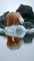 A majestic polar bear stands on an ice floe, gazing down at its reflection in the calm water, surrounded by rocky formations and a tranquil, overcast atmosphere.