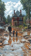An elderly man and two children walk through a flooded neighborhood, showcasing the aftermath of a natural disaster with debris and damaged homes in the background.