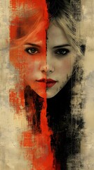 A striking digital portrait of a young woman with dual expressions, showcasing contrasting emotions through vibrant red and muted tones, highlighting her captivating gaze.