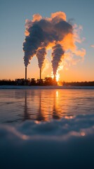 A striking sunset illuminates industrial smokestacks, emitting plumes of steam against a vibrant sky. The tranquil frozen lake reflects the colorful scene, blending nature and industry.